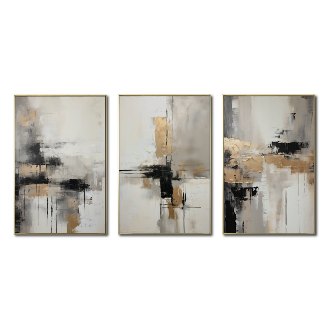 Set Cuadros Decorativos Abstracto Negro Arena 269 _Triptico Moderno y Elegante En Negro, Beige y Dorado Oro
