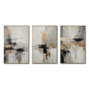 Set Cuadros Decorativos Abstracto Negro Arena 269 _Triptico Moderno y Elegante En Negro, Beige y Dorado Oro