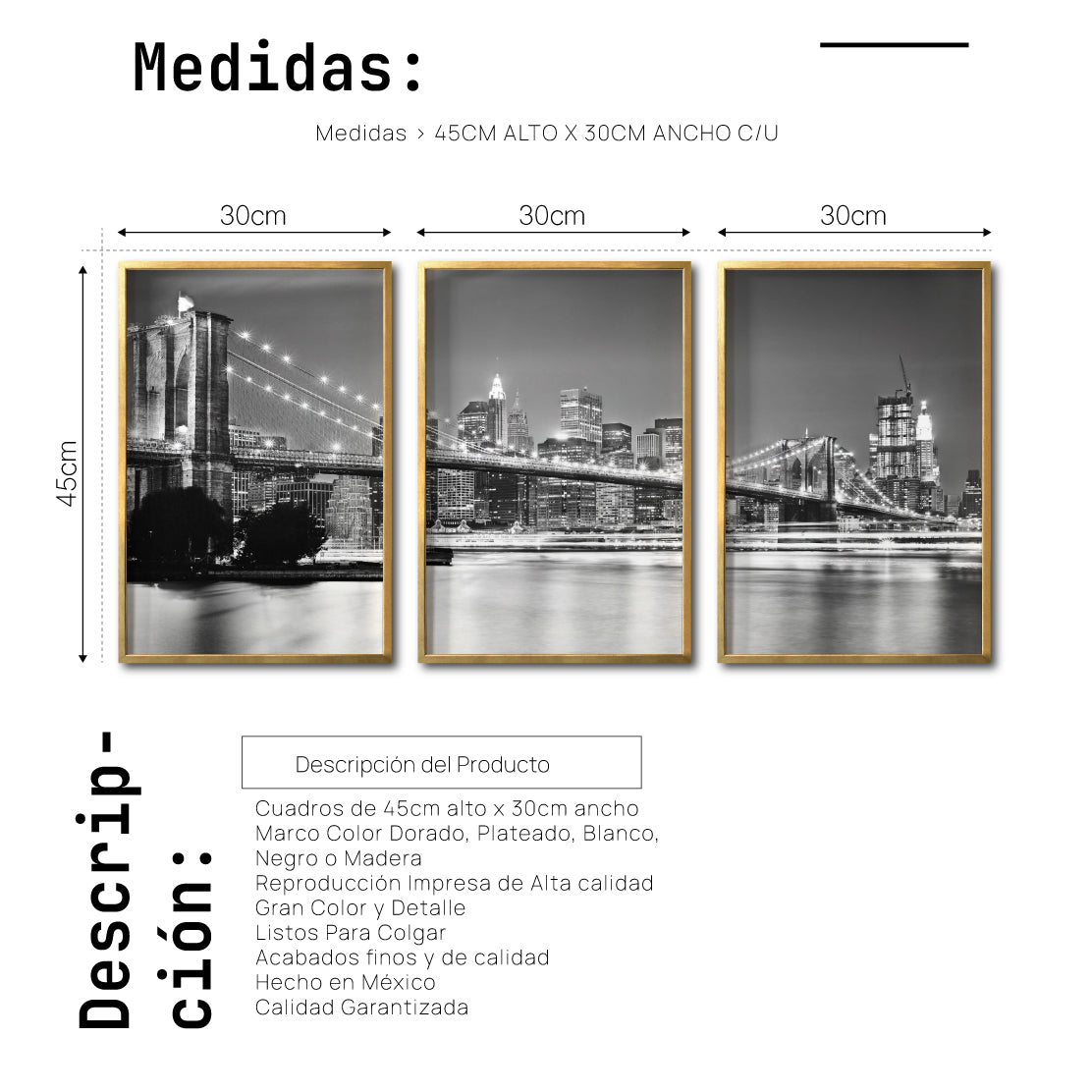 Set Cuadros Decorativos NY 023 - Triptico Puente de Brooklyn Nueva York