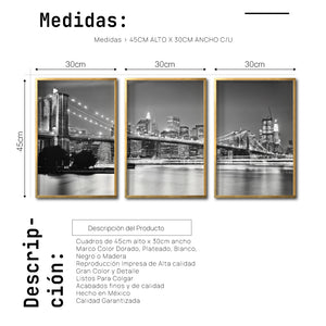 Set Cuadros Decorativos NY 023 - Triptico Puente de Brooklyn Nueva York