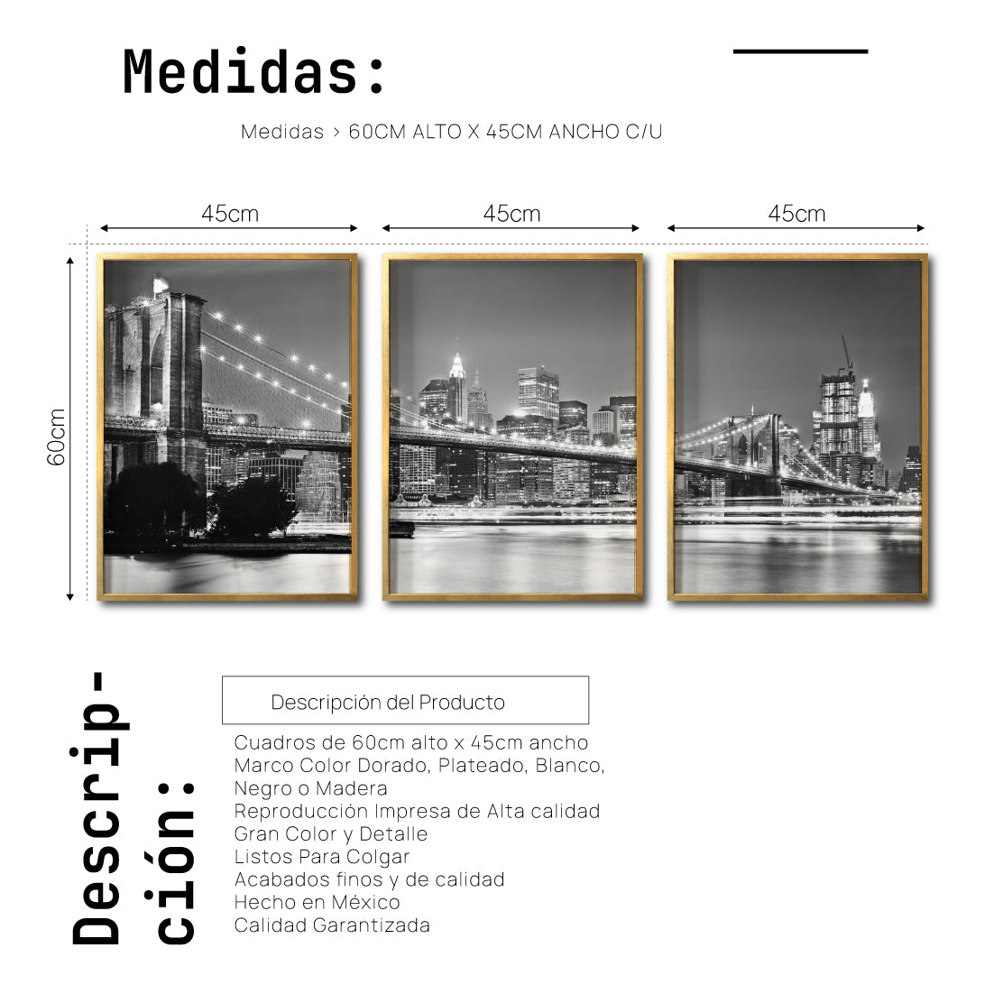 Set Cuadros Decorativos NY 023 - Triptico Puente de Brooklyn Nueva York