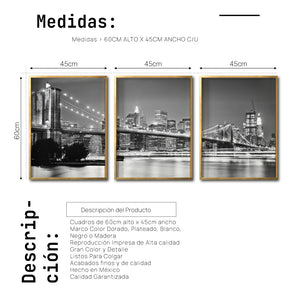 Set Cuadros Decorativos NY 023 - Triptico Puente de Brooklyn Nueva York