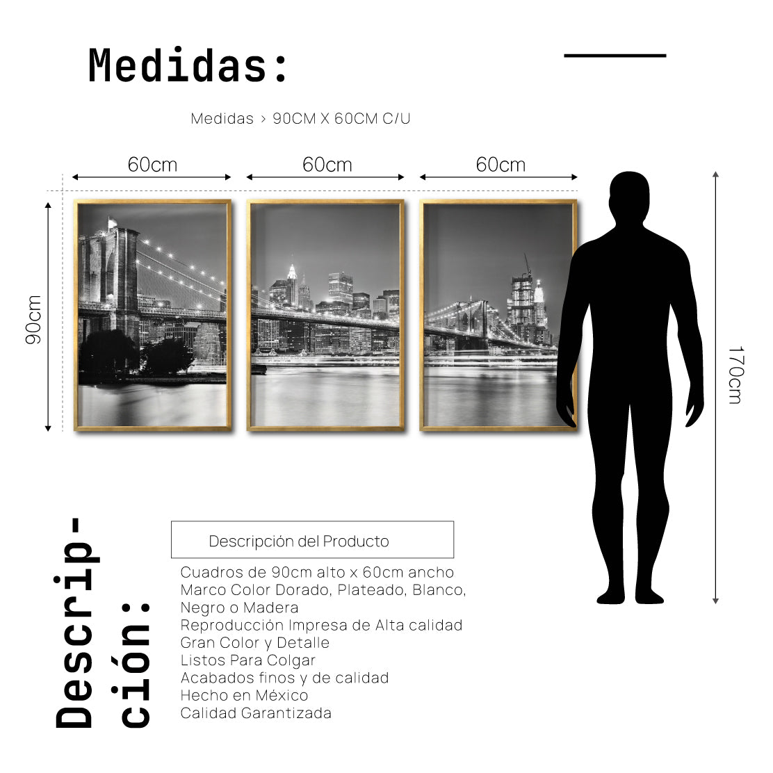 Set Cuadros Decorativos NY 023 - Triptico Puente de Brooklyn Nueva York