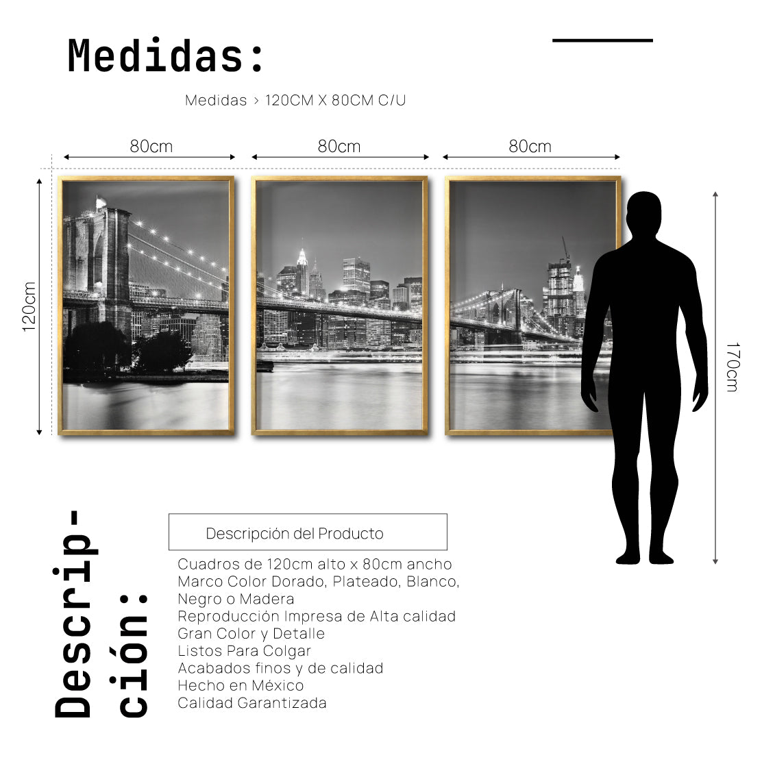 Set Cuadros Decorativos NY 023 - Triptico Puente de Brooklyn Nueva York
