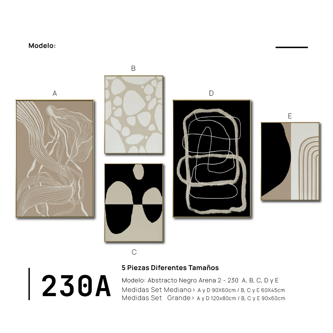 Set Cuadros Decorativos Abstracto Negro Arena 2 - 230A- 5piezas Arte Moderno Estilo Nordico Tonos Neutros