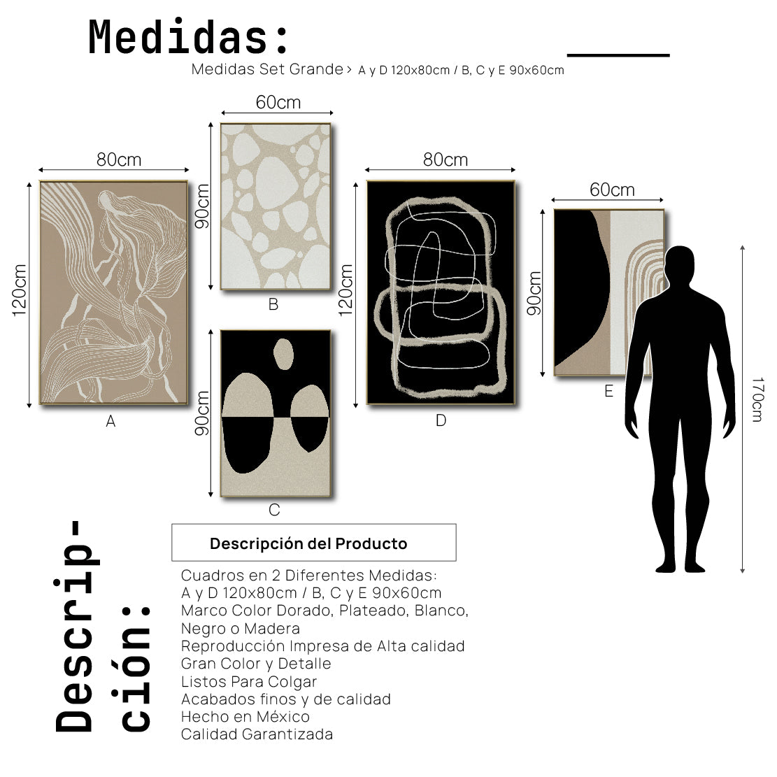 Set Cuadros Decorativos Abstracto Negro Arena 2 - 230A- 5piezas Arte Moderno Estilo Nordico Tonos Neutros