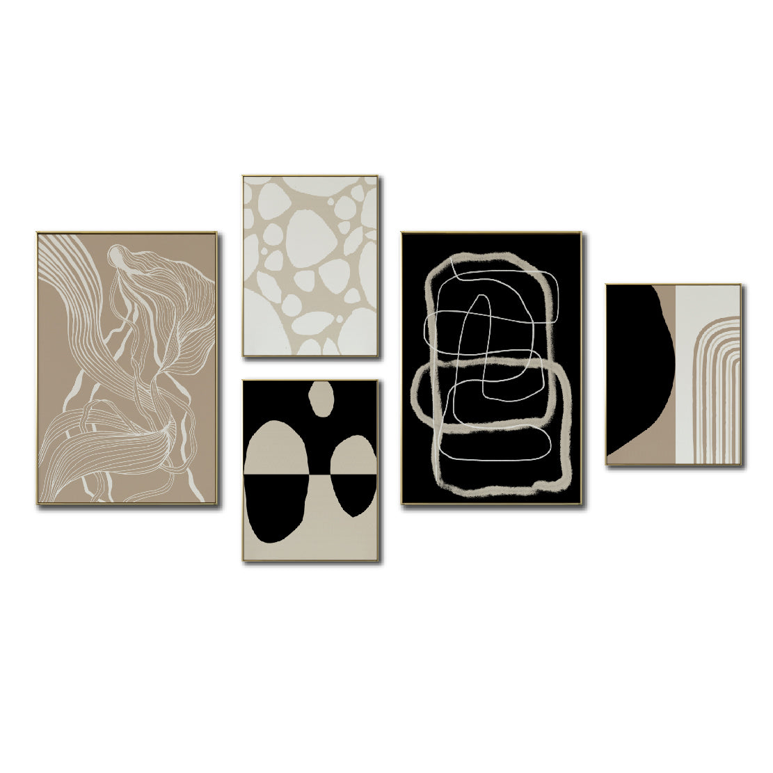 Set Cuadros Decorativos Abstracto Negro Arena 2 - 230A- 5piezas Arte Moderno Estilo Nordico Tonos Neutros