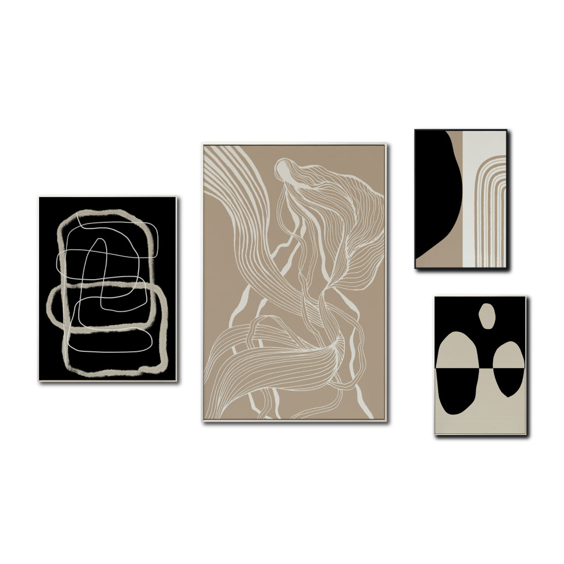 Set Cuadros Decorativos Abstracto Negro Arena 2 - 230 B - 4piezas Arte Moderno y Minimalista Estilo Nordico Tonos Neutros