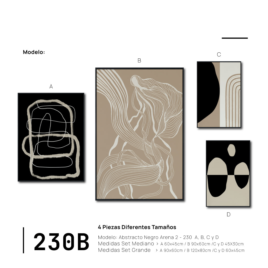 Set Cuadros Decorativos Abstracto Negro Arena 2 - 230 B - 4piezas Arte Moderno y Minimalista Estilo Nordico Tonos Neutros