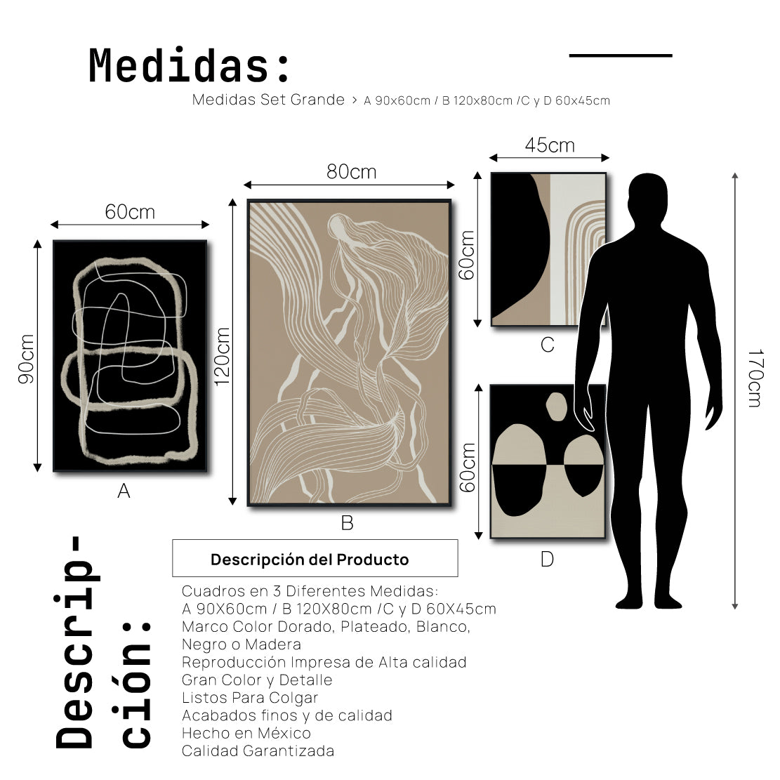 Set Cuadros Decorativos Abstracto Negro Arena 2 - 230 B - 4piezas Arte Moderno y Minimalista Estilo Nordico Tonos Neutros