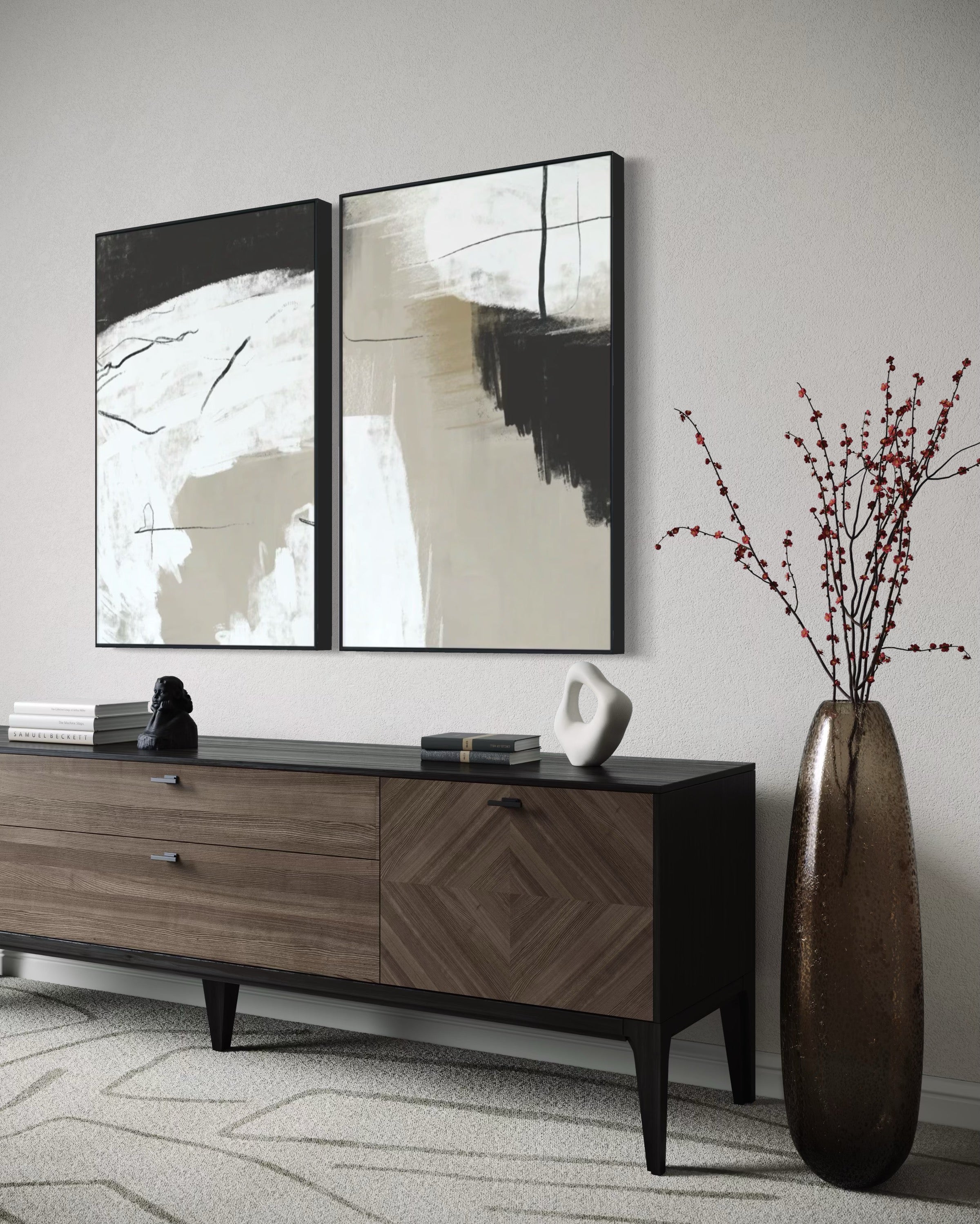 Set Cuadros Decorativos Abstracto Negro Arena  2 - 243 - Diptico Moderno Estilo Nordico Tonos Neutros