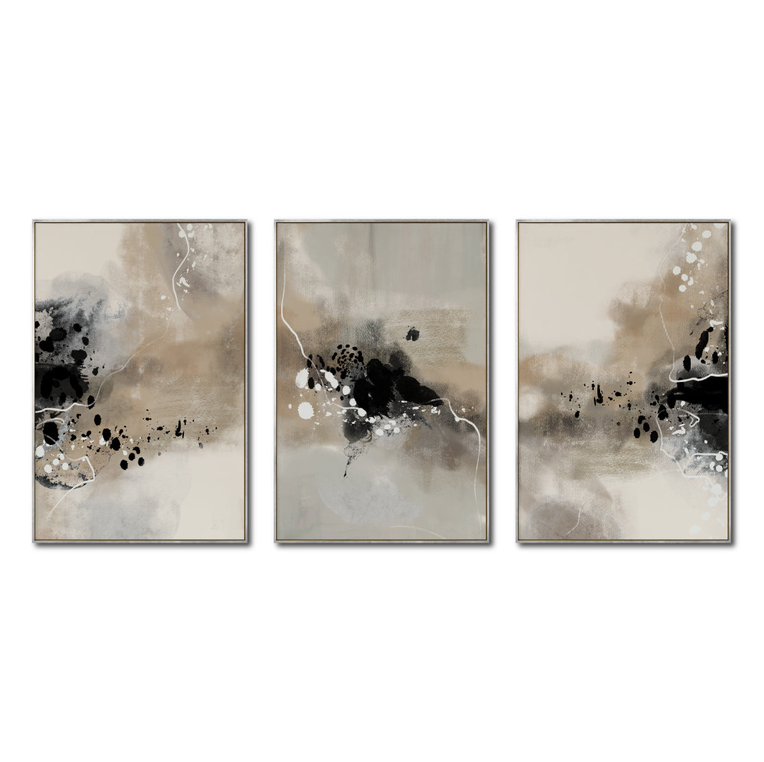 Set Cuadros Decorativos Abstracto Negro Arena 2-236- Tríptico Modernos y Elegante Estilo Boho en Tonos Neutros