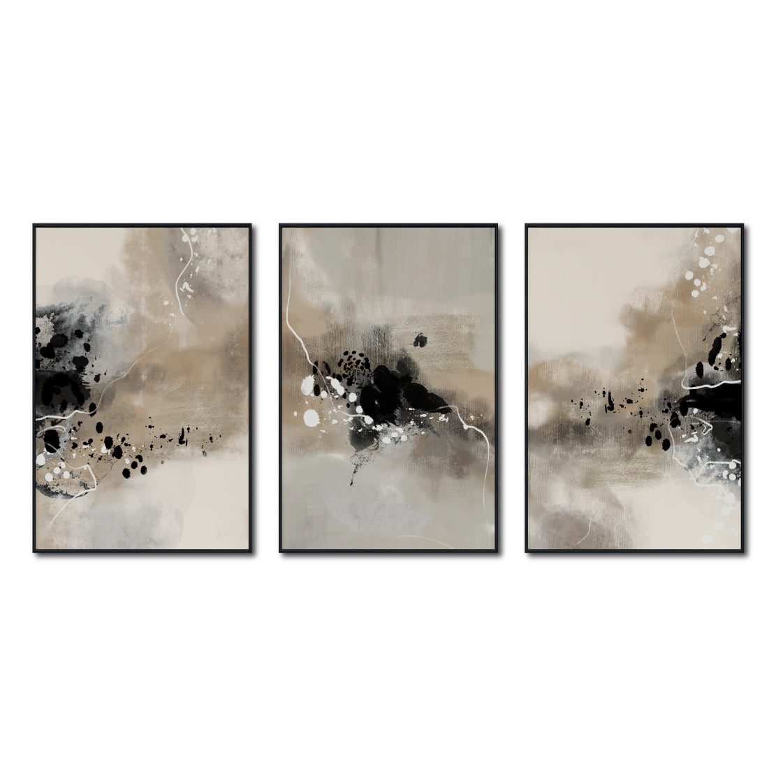 Set Cuadros Decorativos Abstracto Negro Arena 2-236- Tríptico Modernos y Elegante Estilo Boho en Tonos Neutros