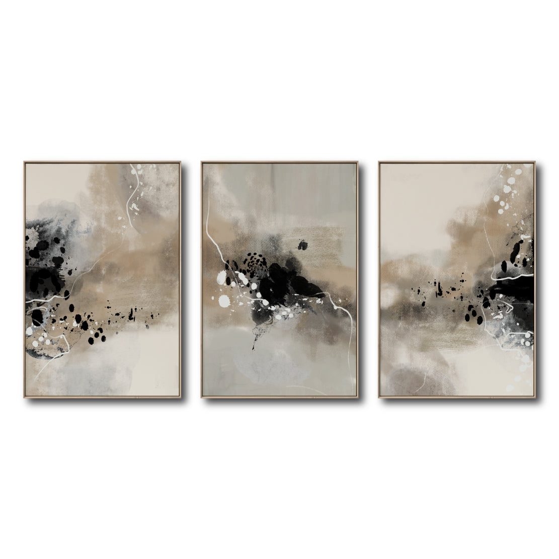 Set Cuadros Decorativos Abstracto Negro Arena 2-236- Tríptico Modernos y Elegante Estilo Boho en Tonos Neutros