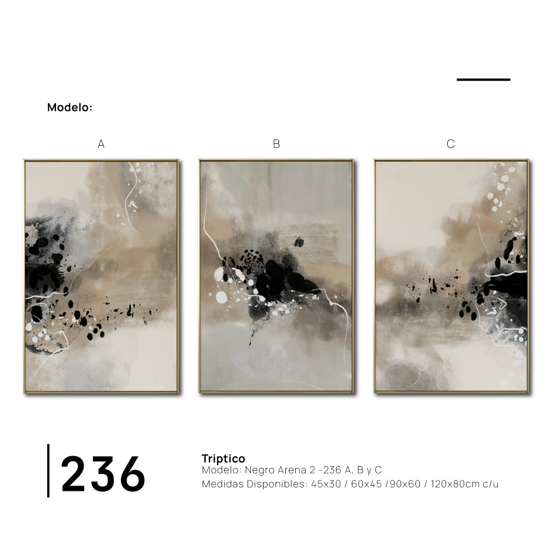 Set Cuadros Decorativos Abstracto Negro Arena 2-236- Tríptico Modernos y Elegante Estilo Boho en Tonos Neutros