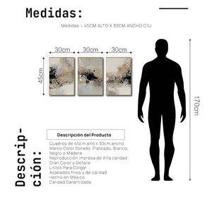 Set Cuadros Decorativos Abstracto Negro Arena 2-236- Tríptico Modernos y Elegante Estilo Boho en Tonos Neutros