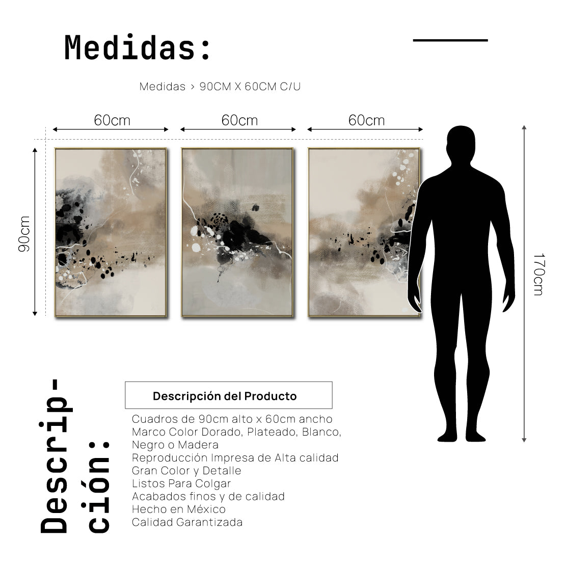 Set Cuadros Decorativos Abstracto Negro Arena 2-236- Tríptico Modernos y Elegante Estilo Boho en Tonos Neutros
