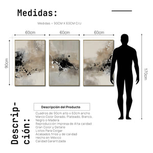 Set Cuadros Decorativos Abstracto Negro Arena 2-236- Tríptico Modernos y Elegante Estilo Boho en Tonos Neutros