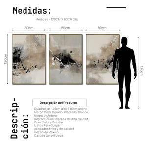 Set Cuadros Decorativos Abstracto Negro Arena 2-236- Tríptico Modernos y Elegante Estilo Boho en Tonos Neutros