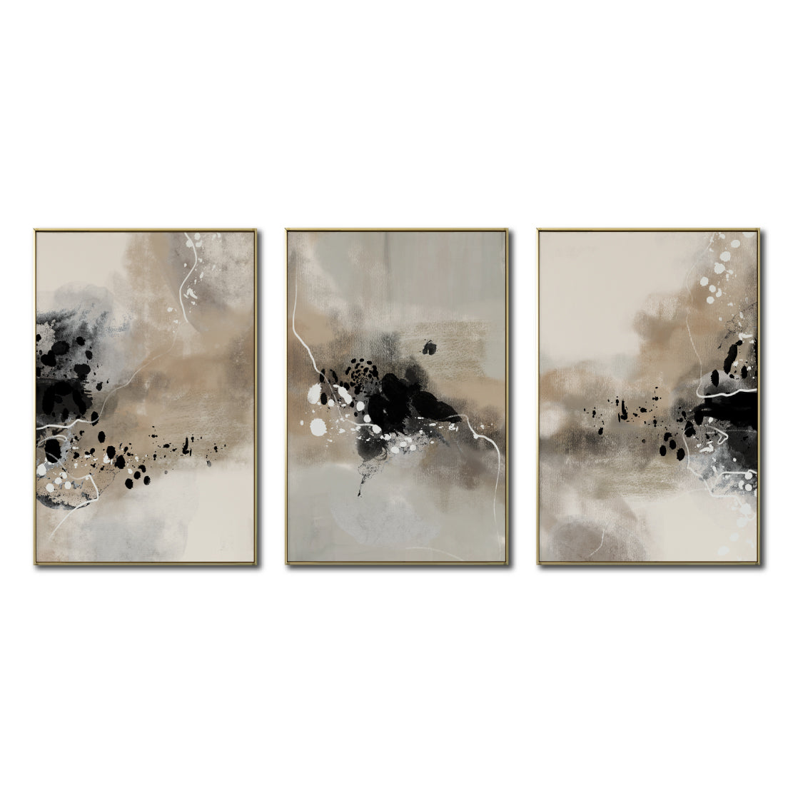 Set Cuadros Decorativos Abstracto Negro Arena 2-236- Tríptico Modernos y Elegante Estilo Boho en Tonos Neutros