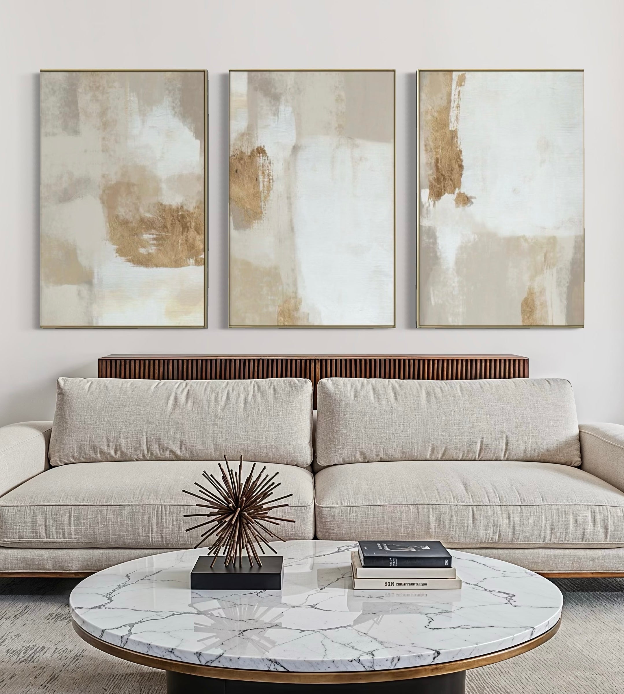 Set Cuadros Decorativos Abstracto Negro Arena 2 - 279 - Triptico Moderno y Elegante Arte Estilo Boho en Blanco, Beige y Dorado Oro