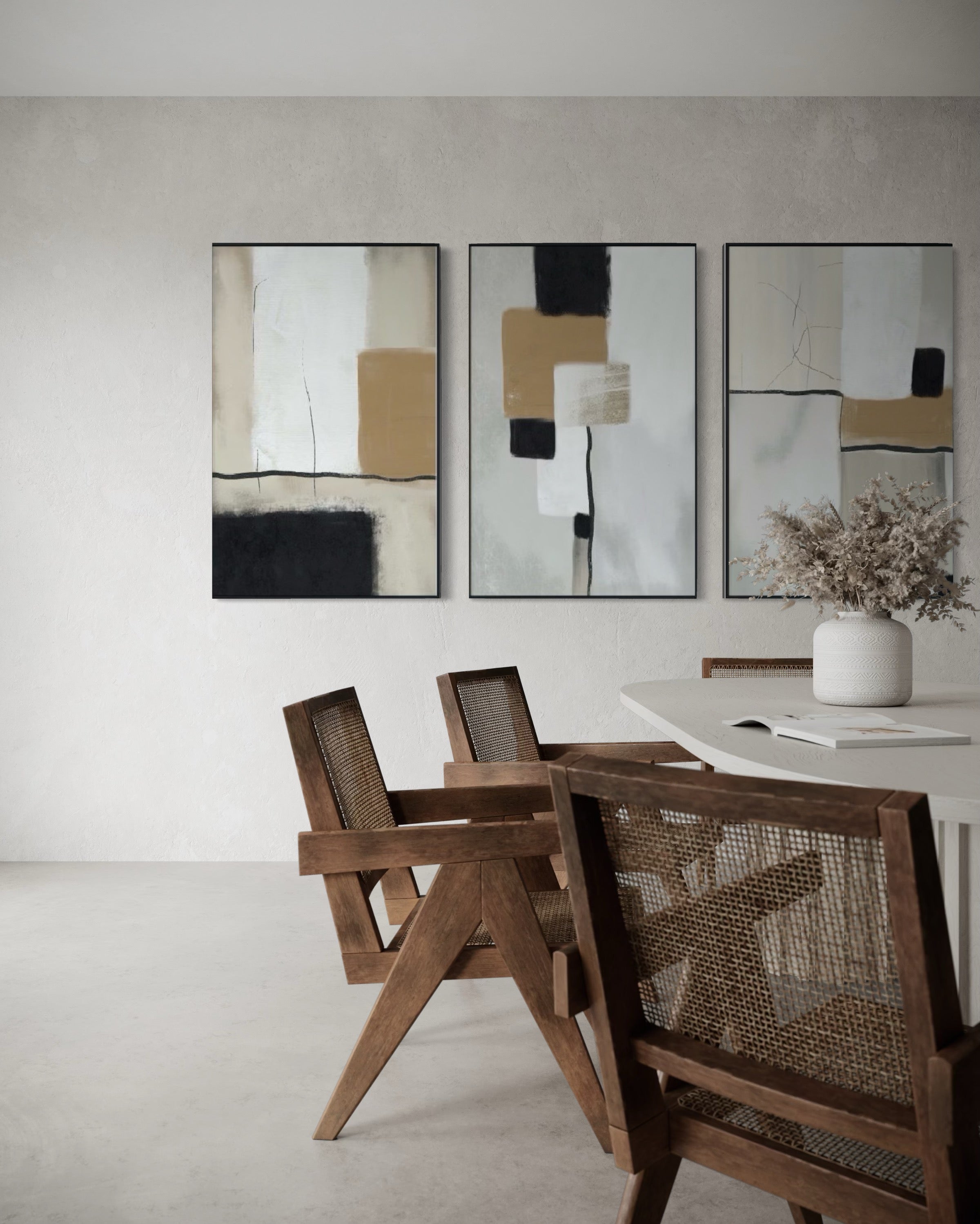 Set Cuadros Decorativos Abstracto Negro Arena 2 - 217 - Tríptico Minimalista y Moderno Arte Estilo Nordico Boho Tonos Neutros