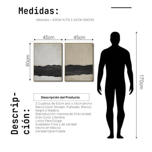 Set Cuadros Decorativos Abstracto Negro Arena 2-241 - Diptico Moderno y Minimalista Arte Estilo Nordico Tonos Neutros