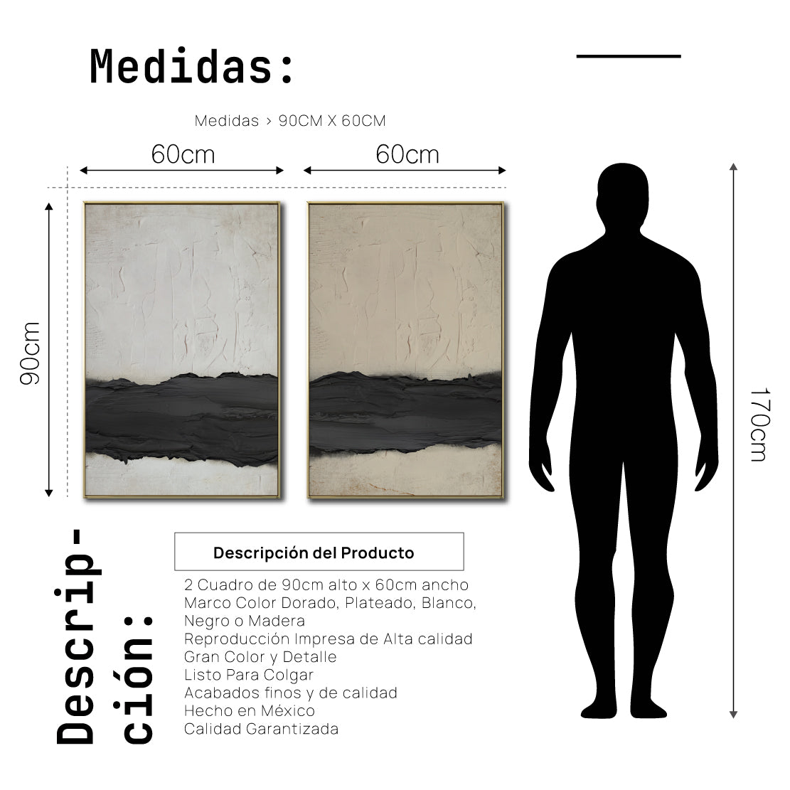 Set Cuadros Decorativos Abstracto Negro Arena 2-241 - Diptico Moderno y Minimalista Arte Estilo Nordico Tonos Neutros