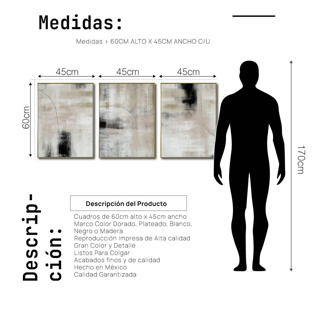 Set Cuadros Decorativos Abstracto Negro Arena 2 - 245 - Triptico Moderno y Elegante Estilo Nordico Tonos Neutros