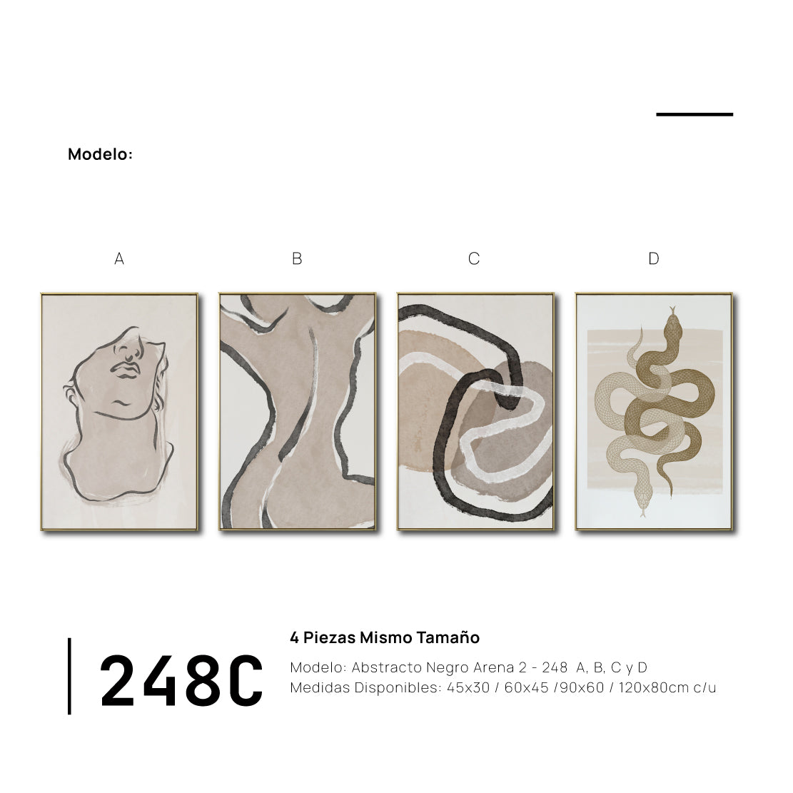 Set Cuadros Decorativos Abstracto Negro Arena 2 - 248C - 4piezas Arte Moderno y Minimalista Estilo Boho Tonos Neutros