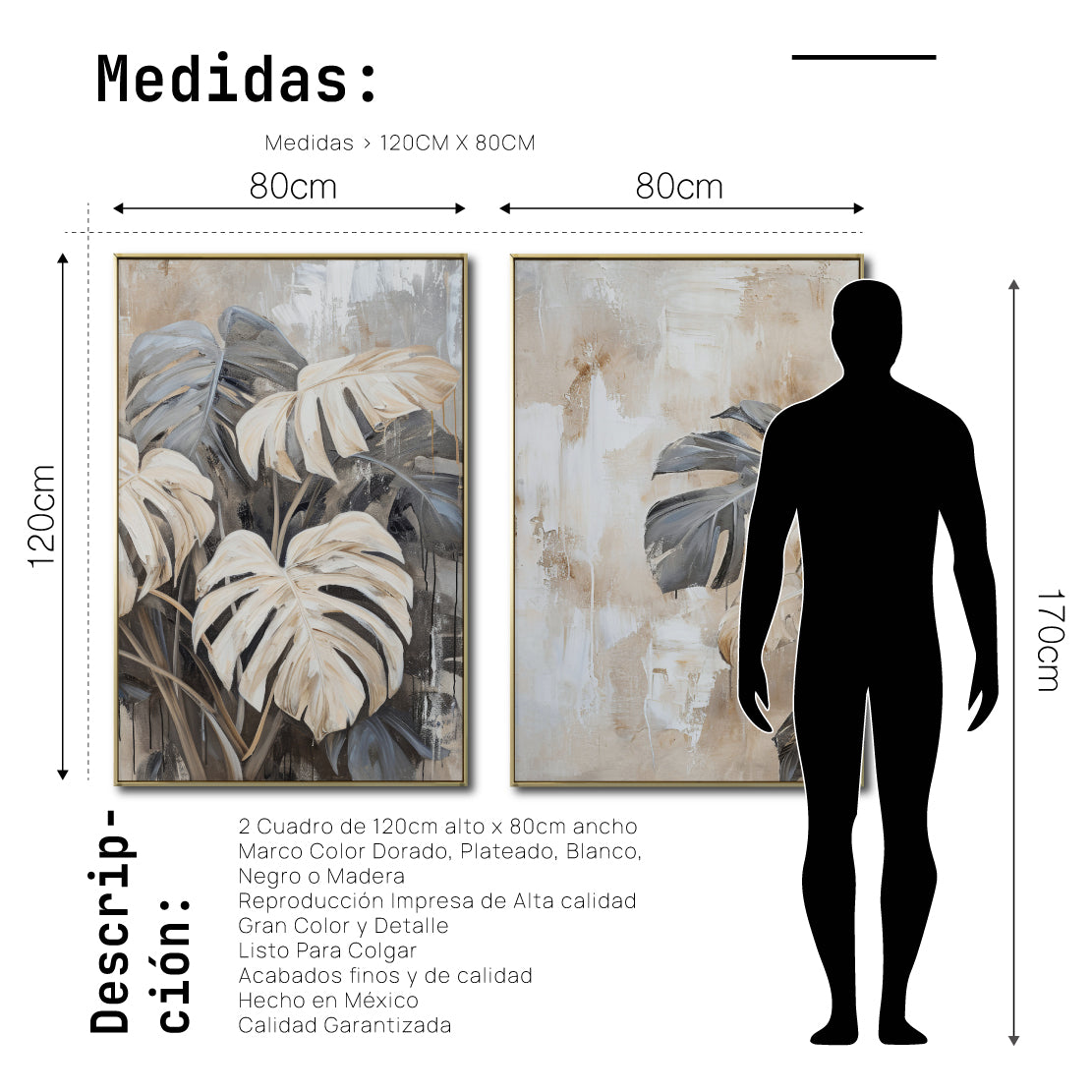 Set Cuadros Decorativos Abstracto Negro Arena 2 - 249 - Diptico Botanico Monsteras Arte Moderno Estilo Boho en Tonos Neutros
