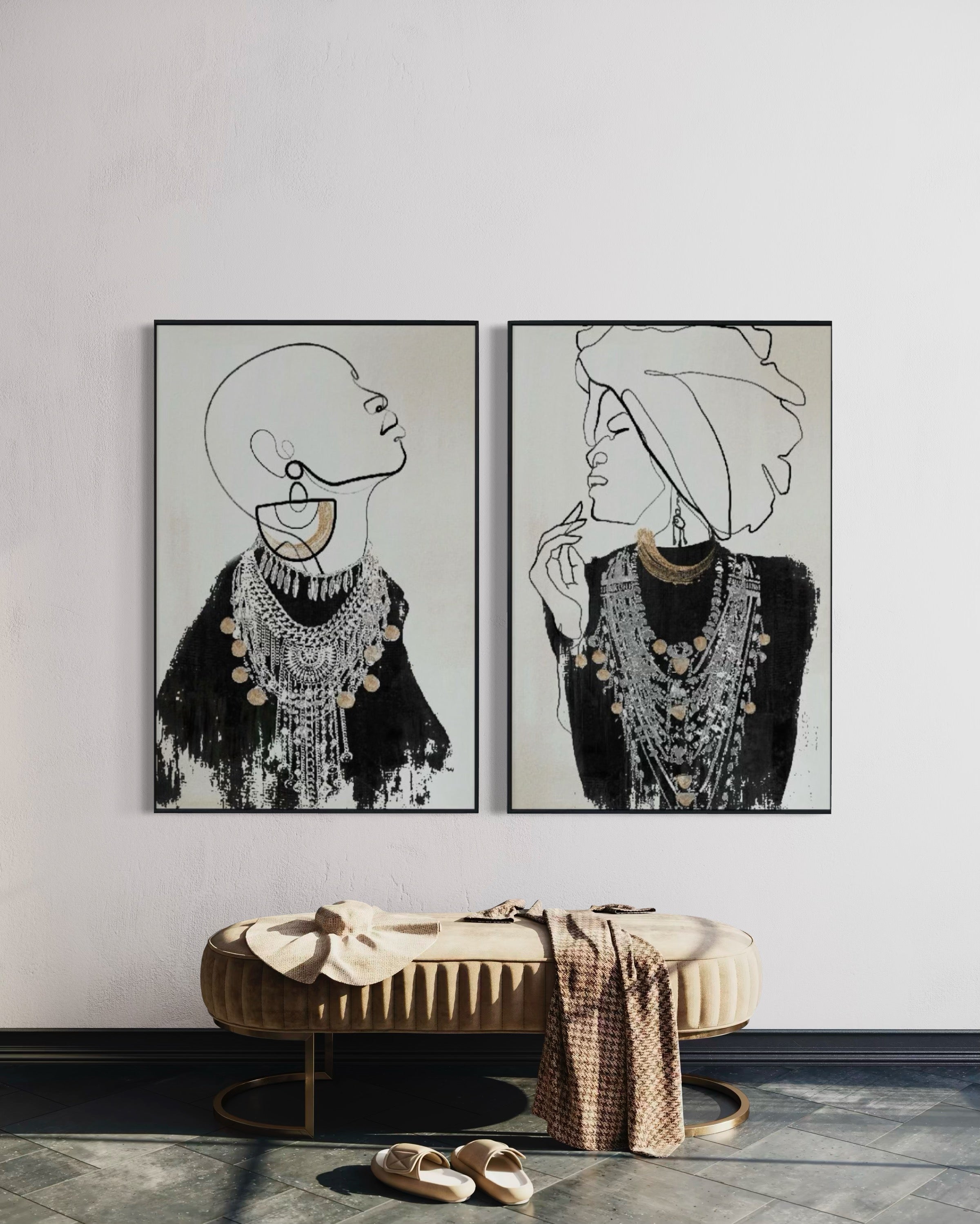 Set Cuadros Decorativos Abstracto Negro Arena 2 - 213 - Diptico Moderno Estilo Boho Mujeres Afro Arte Lineal En tonos Neutros y un toque de Dorado  Oro