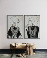 Cargar imagen en el visor de la galería, Set Cuadros Decorativos Abstracto Negro Arena 2 - 213 - Diptico Moderno Estilo Boho Mujeres Afro Arte Lineal En tonos Neutros y un toque de Dorado  Oro
