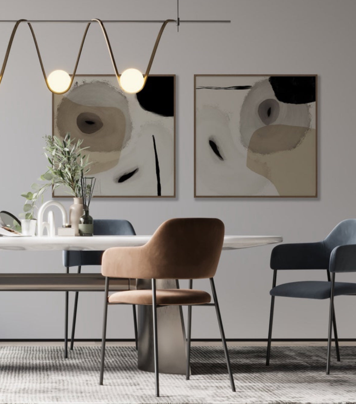 Set Cuadros Decorativos Abstracto Negro Arena 2-234 - Diptico Moderno y Elegante Estilo Nordico en Beige y Negro Tonos Neutros