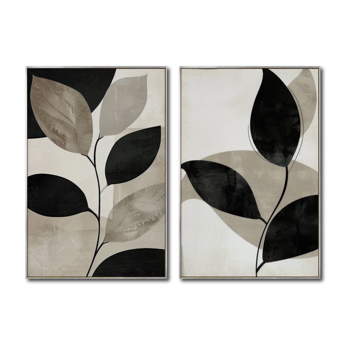 Set Cuadros Decorativos Abstracto Negro Arena 2 - 250 - Diptico Botanico Hojas de Arbol Tonos Neutros Beige y Negro Estilo Nordico