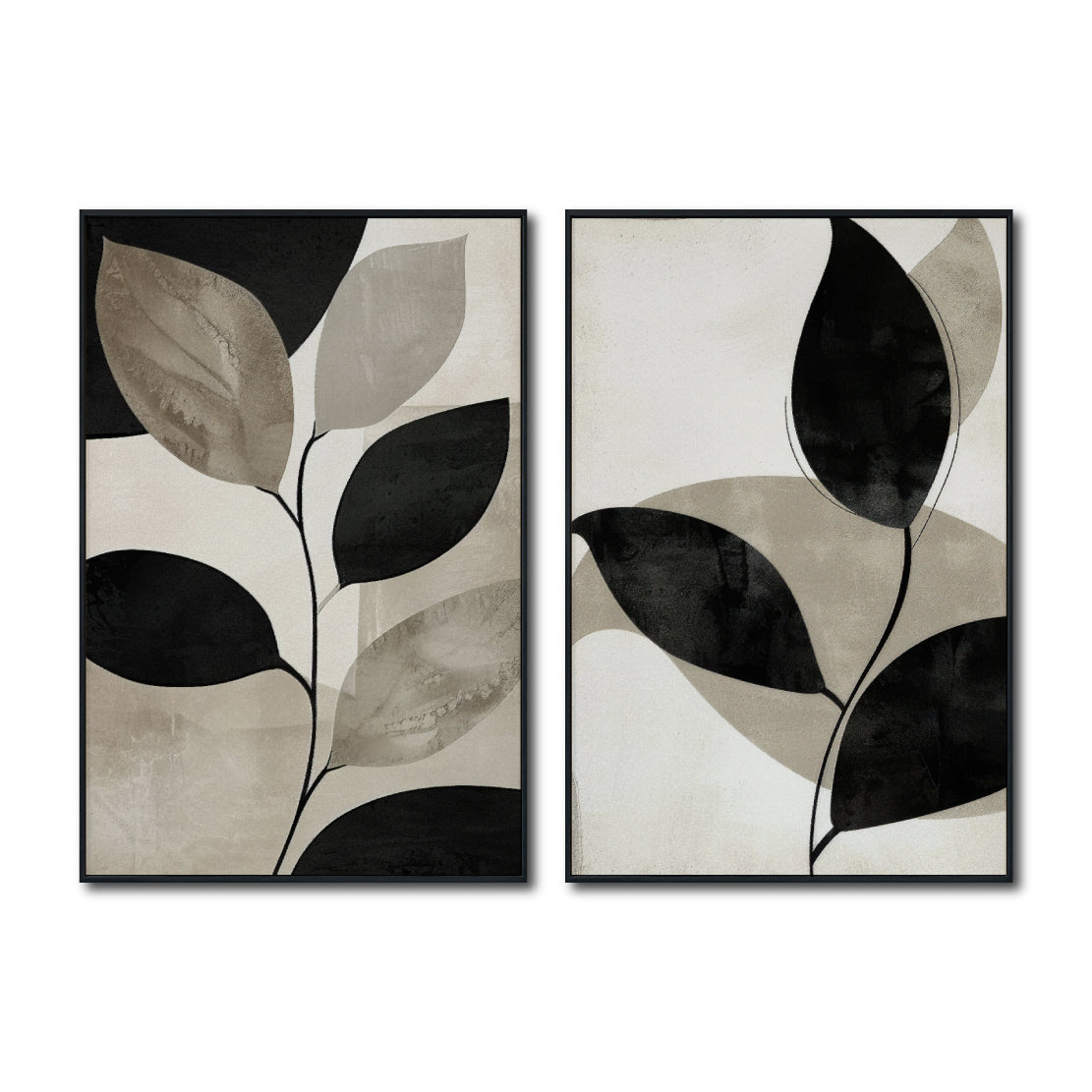 Set Cuadros Decorativos Abstracto Negro Arena 2 - 250 - Diptico Botanico Hojas de Arbol Tonos Neutros Beige y Negro Estilo Nordico