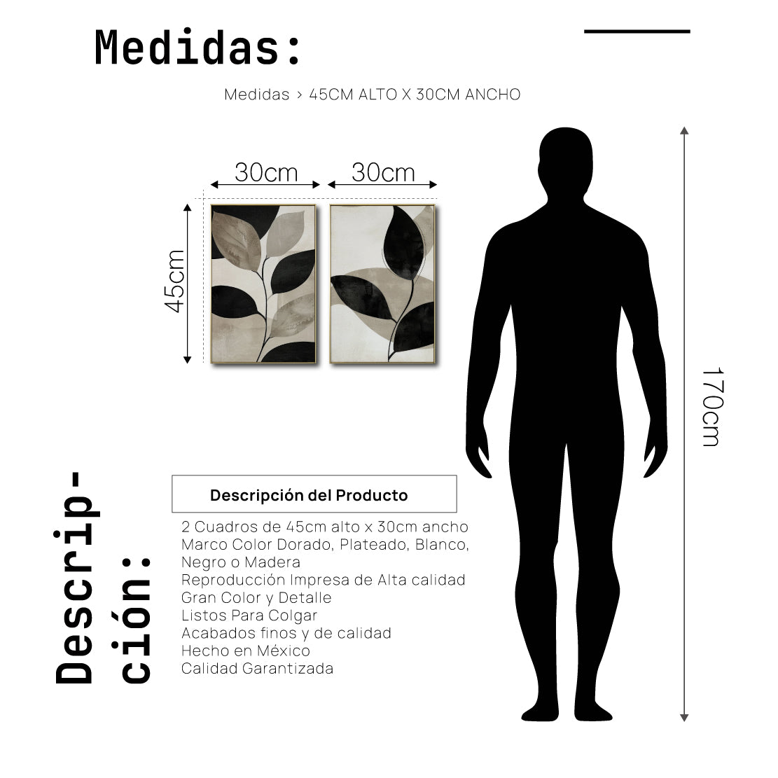 Set Cuadros Decorativos Abstracto Negro Arena 2 - 250 - Diptico Botanico Hojas de Arbol Tonos Neutros Beige y Negro Estilo Nordico
