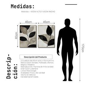 Set Cuadros Decorativos Abstracto Negro Arena 2 - 250 - Diptico Botanico Hojas de Arbol Tonos Neutros Beige y Negro Estilo Nordico