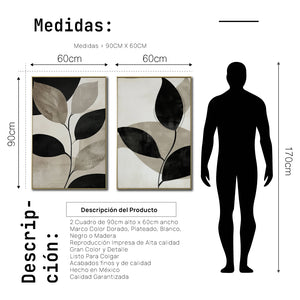 Set Cuadros Decorativos Abstracto Negro Arena 2 - 250 - Diptico Botanico Hojas de Arbol Tonos Neutros Beige y Negro Estilo Nordico