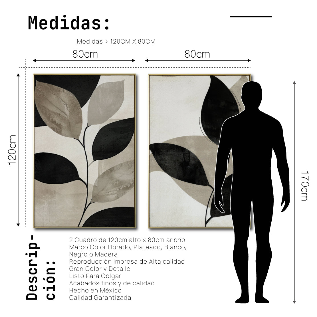Set Cuadros Decorativos Abstracto Negro Arena 2 - 250 - Diptico Botanico Hojas de Arbol Tonos Neutros Beige y Negro Estilo Nordico
