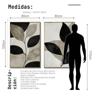 Set Cuadros Decorativos Abstracto Negro Arena 2 - 250 - Diptico Botanico Hojas de Arbol Tonos Neutros Beige y Negro Estilo Nordico