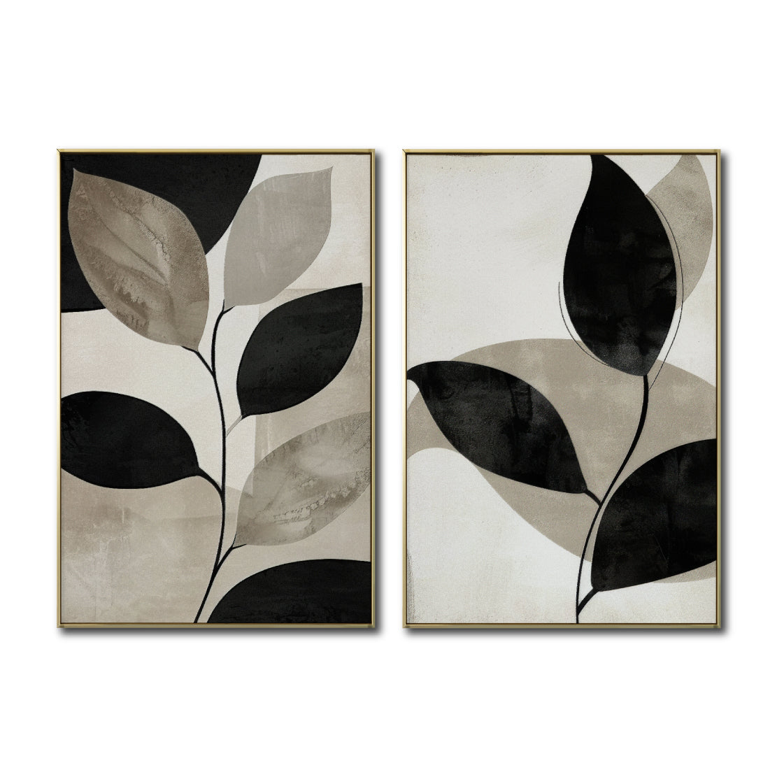 Set Cuadros Decorativos Abstracto Negro Arena 2 - 250 - Diptico Botanico Hojas de Arbol Tonos Neutros Beige y Negro Estilo Nordico