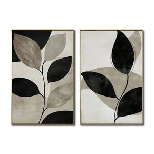 Set Cuadros Decorativos Abstracto Negro Arena 2 - 250 - Diptico Botanico Hojas de Arbol Tonos Neutros Beige y Negro Estilo Nordico