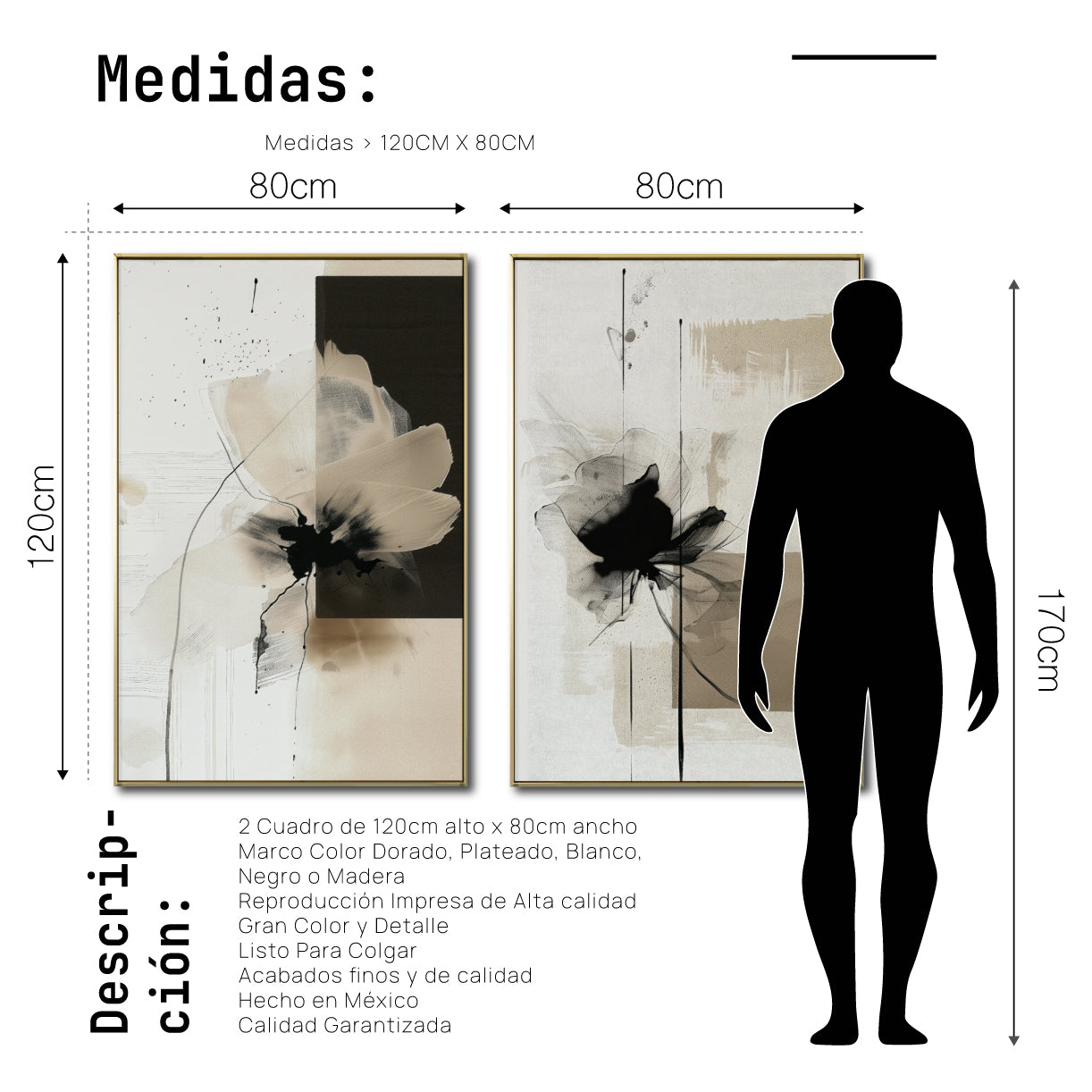 Set Cuadros Decorativos Abstracto Negro Arena 2 - 251 - Diptico Botanico Flores Arte Moderno en Tonos Neutros Negro y Beige Estilo Nordico