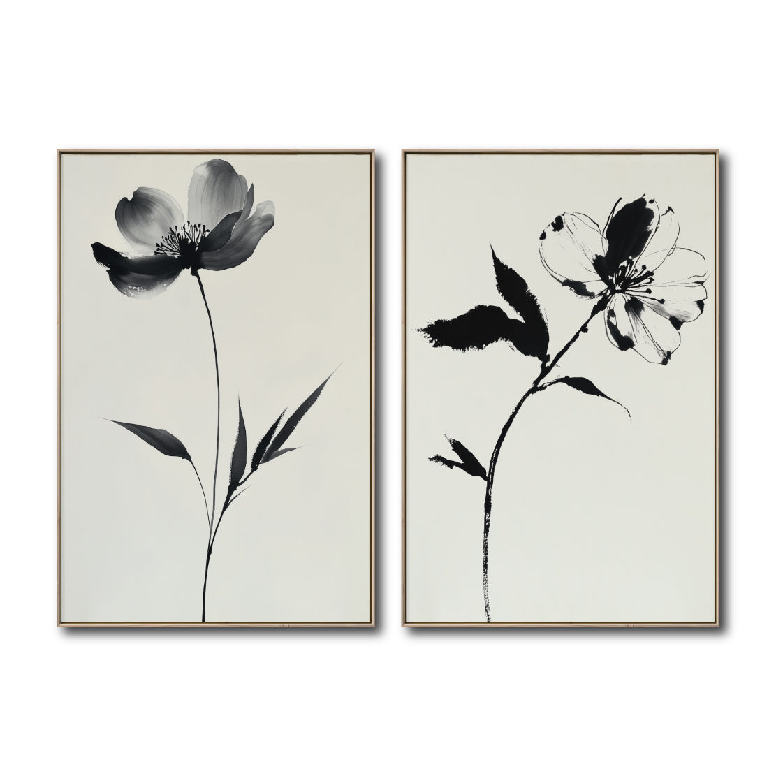 Set Cuadros Decorativos Abstracto Negro Arena 2 - 252 - Diptico Arte Moderno y Elegante Flores Estilo Nordico en Beige y Negro