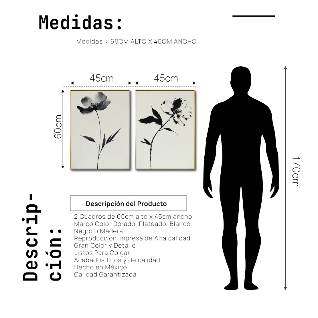 Set Cuadros Decorativos Abstracto Negro Arena 2 - 252 - Diptico Arte Moderno y Elegante Flores Estilo Nordico en Beige y Negro