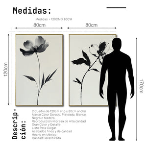 Set Cuadros Decorativos Abstracto Negro Arena 2 - 252 - Diptico Arte Moderno y Elegante Flores Estilo Nordico en Beige y Negro