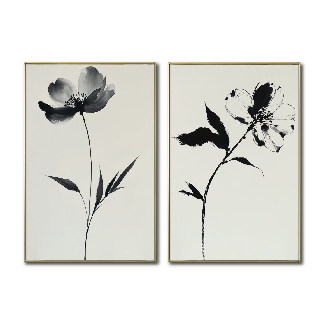 Set Cuadros Decorativos Abstracto Negro Arena 2 - 252 - Diptico Arte Moderno y Elegante Flores Estilo Nordico en Beige y Negro