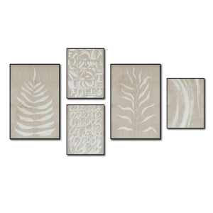 Set Cuadros Decorativos Abstracto Negro Arena 2-253 A - 5piezas Arte Moderno Estilo Boho Hojas en Beige y Blanco Tonos Neutros