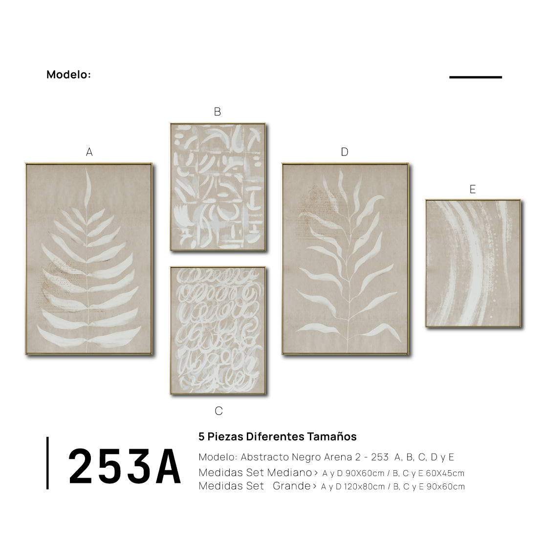 Set Cuadros Decorativos Abstracto Negro Arena 2-253 A - 5piezas Arte Moderno Estilo Boho Hojas en Beige y Blanco Tonos Neutros